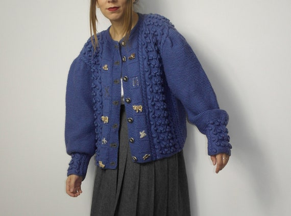 Vintage Austrian Trachten Handmade Wool Cardigan / Blue Bavarian