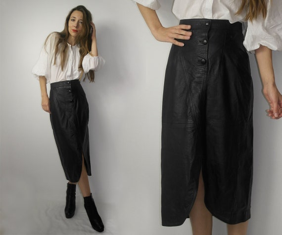 Vintage black leather skirt / elegant leather skir