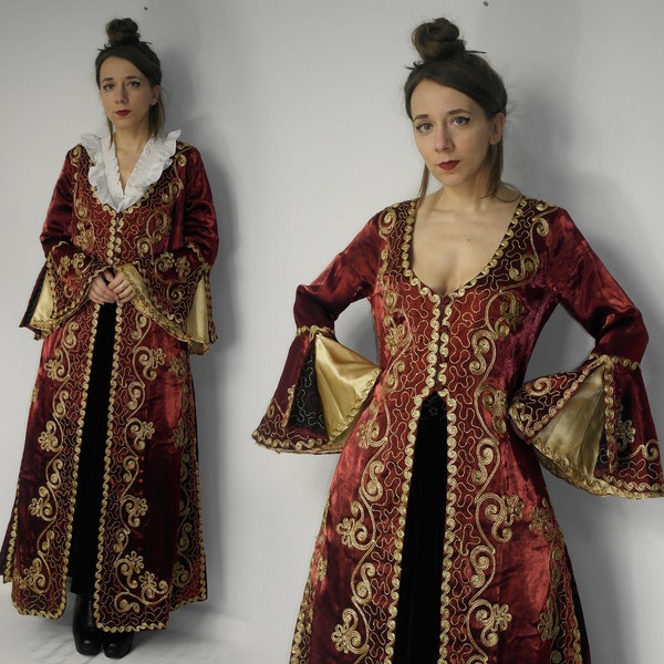 Shiny gold embroidered Overdress / Long Sleeve Medieval Renaissance  Dress costume jacket / Red gold bell sleeves dress