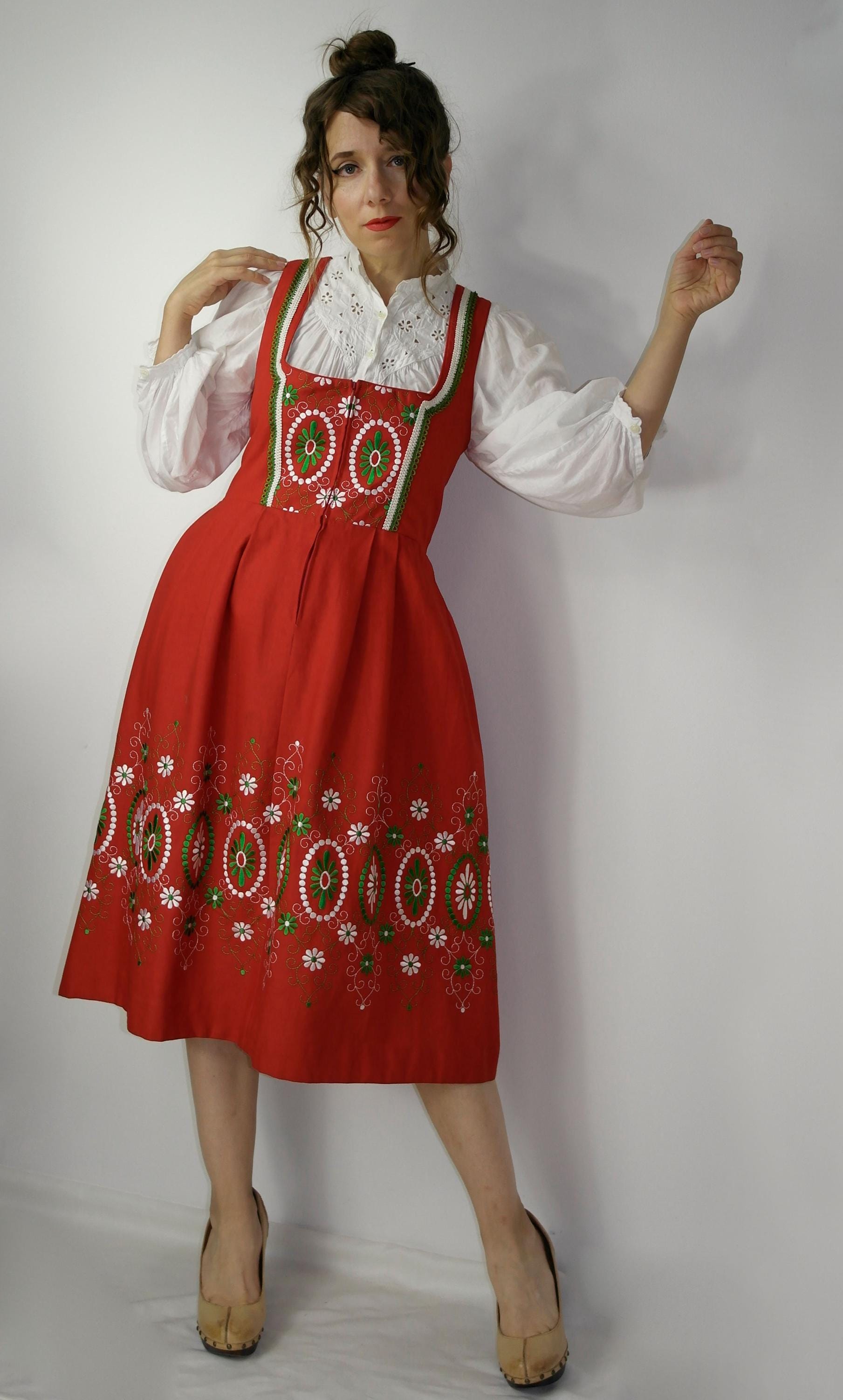 Trachten Dirndl Floral Embroidery Dress Red Embroidered Dirndl Mid Length Folk Austrian Dress Oktoberfest Dress Size 40 Etsy