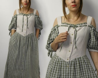 Trachten Dirndl Dress / Folk dress with pockets / Plaid Country Alpen outfit / Cold shoulders dress / Octoberfest  small / cottagecore