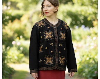 Vintage Embroidered wool blend Jacket | Black Wool Blend Floral Bohemian Coat jacket | Hippie Folk Art jacket  | Large wool jacket