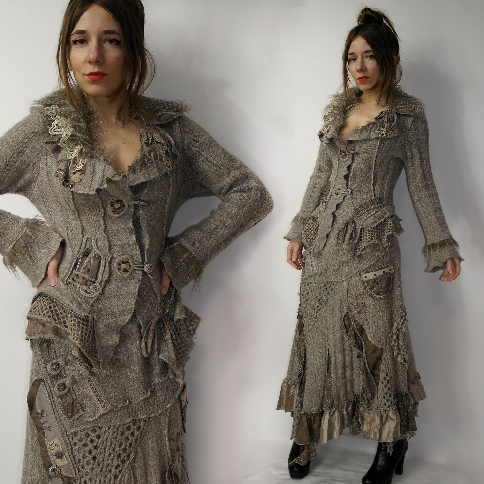 Y2K Juju & Christine Jacket Skirt Set / Boho Faux Fur Sweater