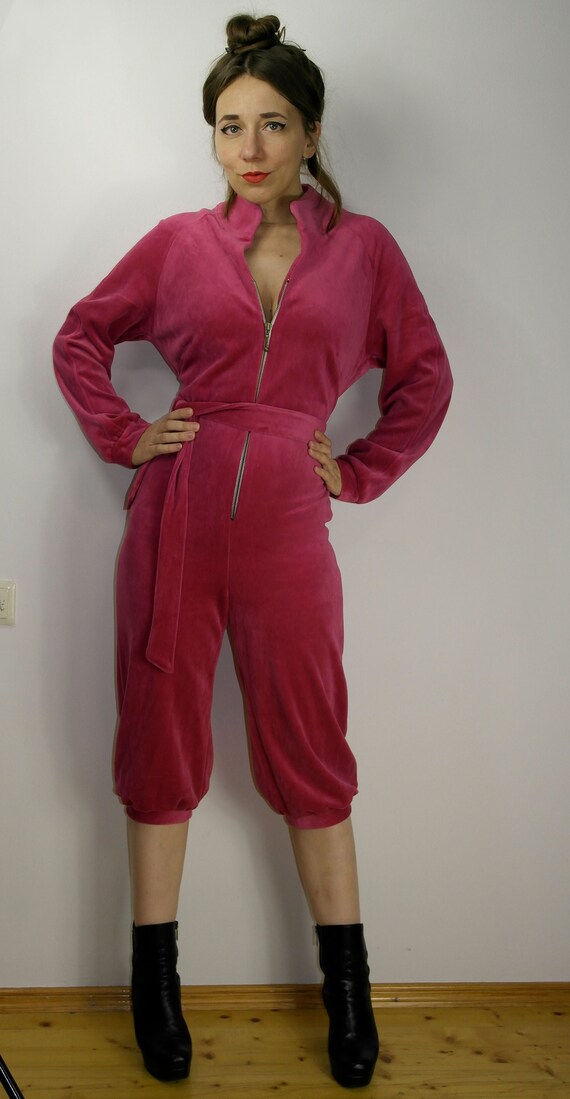 Vintage 1980s Pink Velour Jumpsuit / Belted One Piece Lounge Wear  