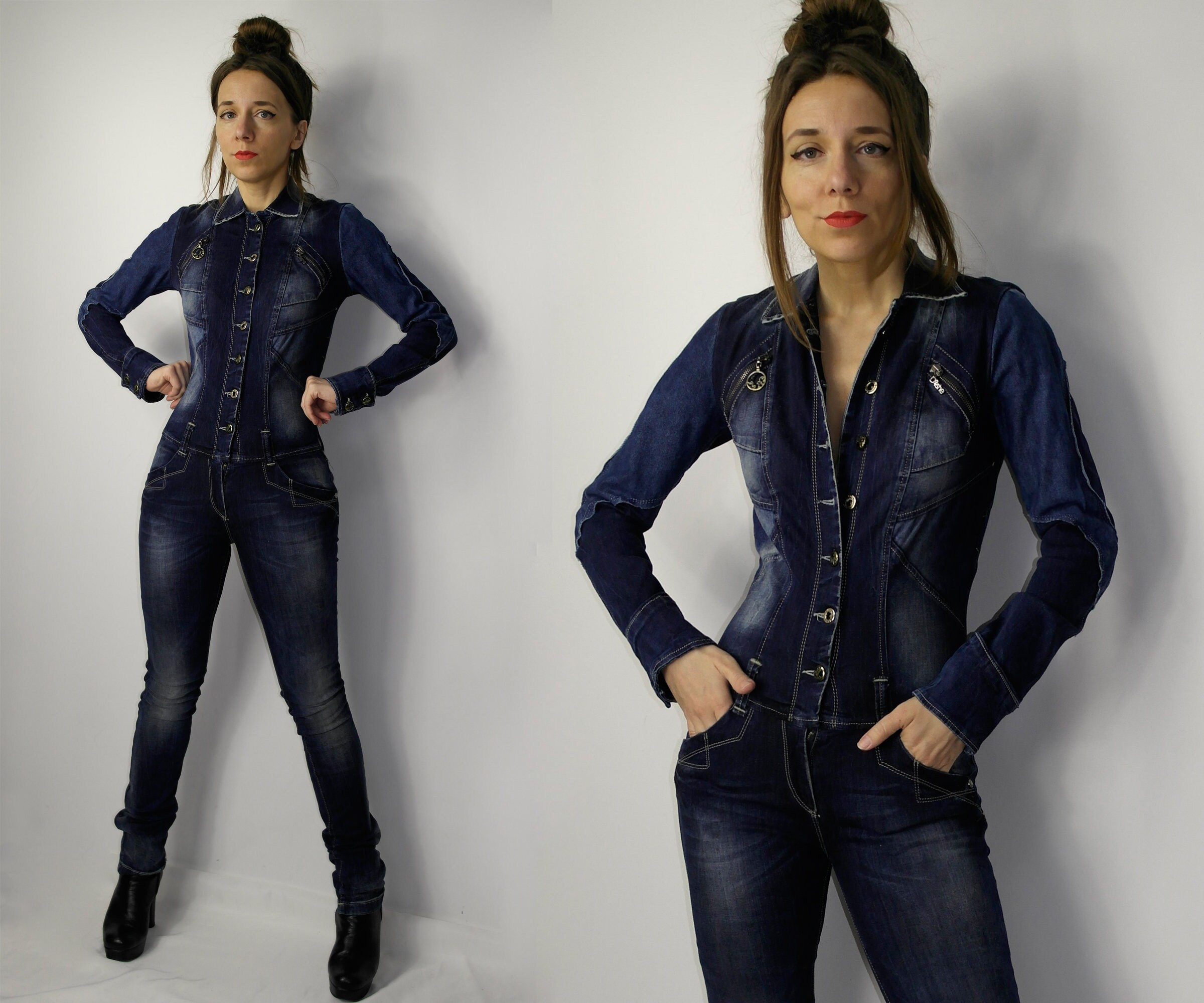 Only long sleeve jumpsuit in light blue denim