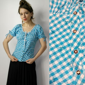 Trachten dirdl top / Austrian Vintage top / Folk Trachten blouse / Checkered plaid top / Octoberfest outfit