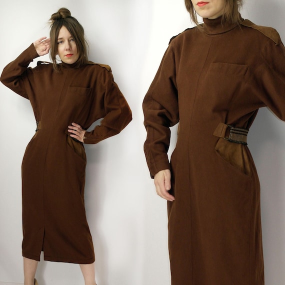 Claude Montana, Vintage 1980s COMPLICE Claude Montana Wool Dress – Brown Military Power Suit, Dolman Sleeve, Genny Spa Italy, US 10