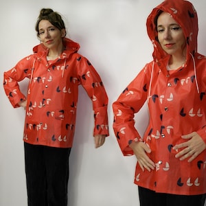 80s Finnish Rukka PVC rain jacket Vintage red rain jacket Vinyl jacket with the hood made in Finland rain coat Waterproof jacket
