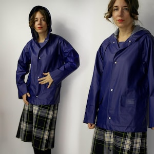 70s Finnish Rukka PVC rain jacket Vintage blue rain jacket Vinyl jacket with the hood made in Finland rain coat Waterproof jacket size XS