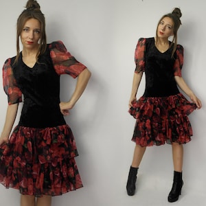 Vintage Velvet Dress / 90s Black dress / Floral dress made in England / Julia Langsam Of London dress / Velvet Dress with layered skirt