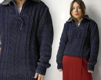Blue Willi's  Denim sweater /  Cable knit Scandinavian design sweater / 90s Half Zip Pullover /Chunky Knit Fisherman Style
