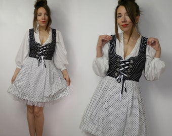 Vintage Trachten Dirndl Dress MarJo / Folk Austrian German dress / black white Alpen dress / Octoberfest dress / size 40