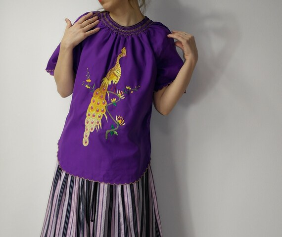 Vintage embroidered folk blouse / Peacock purple … - image 3