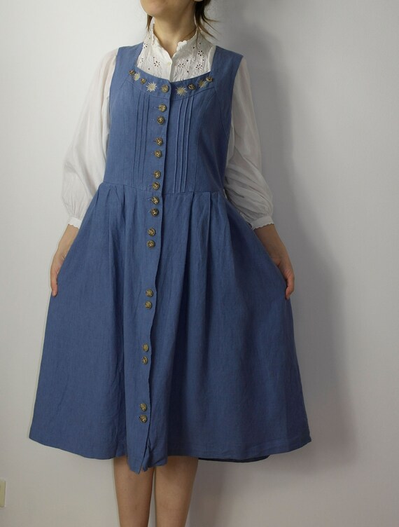 Vintage linen blend trachten dress Alphorn / Blue… - image 7
