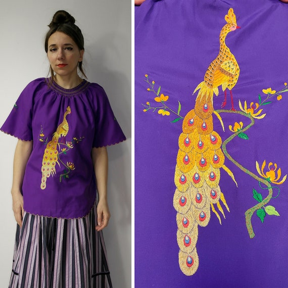 Vintage embroidered folk blouse / Peacock purple … - image 1