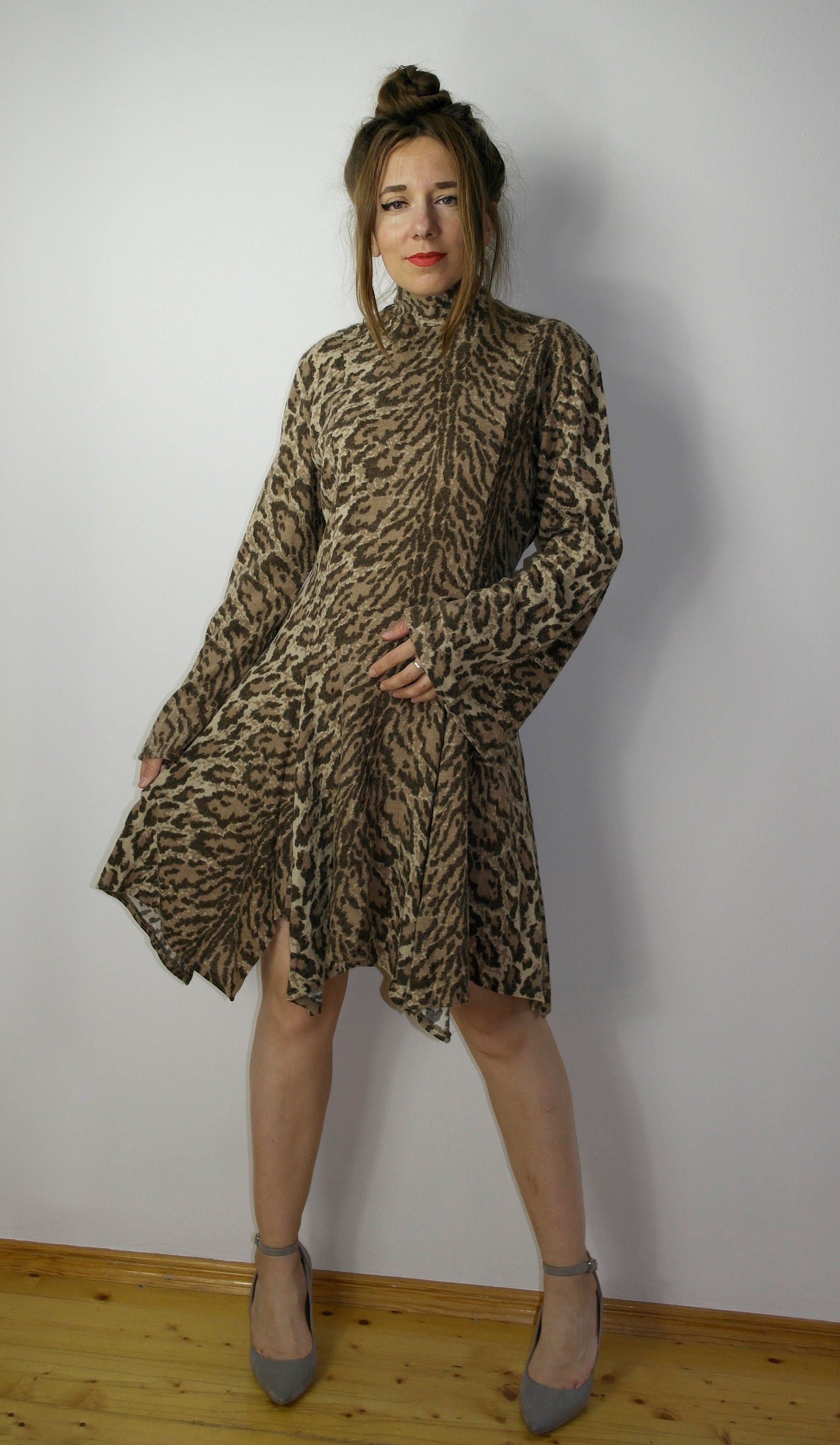 90s Leopard Print Dress, Vintage 1990s Animal Print Fit & Flare Dress, medium