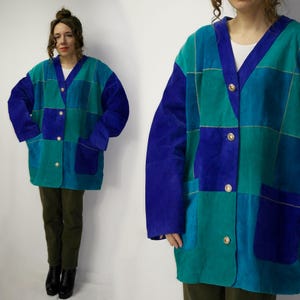 Veste en cuir patchwork des années 1990 / Veste en cuir à patchs multicolores des années 90 / Veste en daim bleu