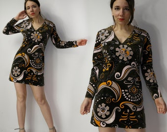 Vintage German 80s velvet dress / Brown Velvet mini dress / multicolor velvet short dress / small