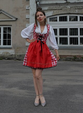 Dirndl Donna Midi Rosso Dirndl Star - Abito Tradizionale Con Grembiule Plissettato, Per Oktoberfest E Feste