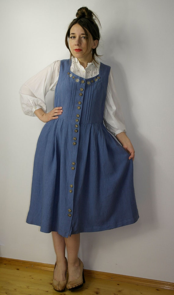 Vintage linen blend trachten dress Alphorn / Blue… - image 5