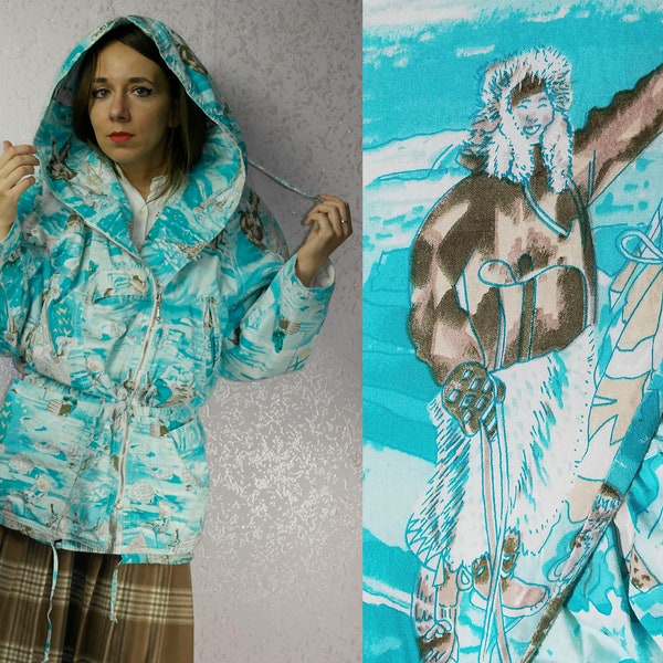 Vintage 80s North expedition print Jacket / Betty Barclay fun print jacket  / Bright blue hooded jacket  / small