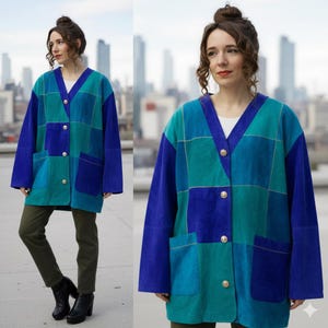 Levendig suède jack met patchwork | Vintage leren jas jaren 80 | Oversized blazer met kleurvlakken | Boho hippie-bovenkleding |