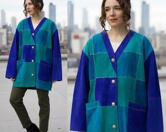 Vibrant Patchwork Suede Jacket | 80s Vintage Leather Coat | Oversized Colorblock Blazer | Boho Hippie Outerwear |