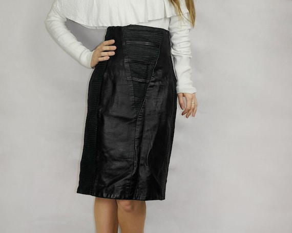 80s Black Real Leather Skirt / Joques Sac elegant… - image 4