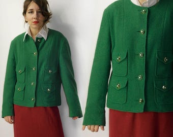 Vintage Italian Wool Womens Blazer / Genny Oro Elegant  wool jacket gold buttons / Green wool blazer / Made in Italy