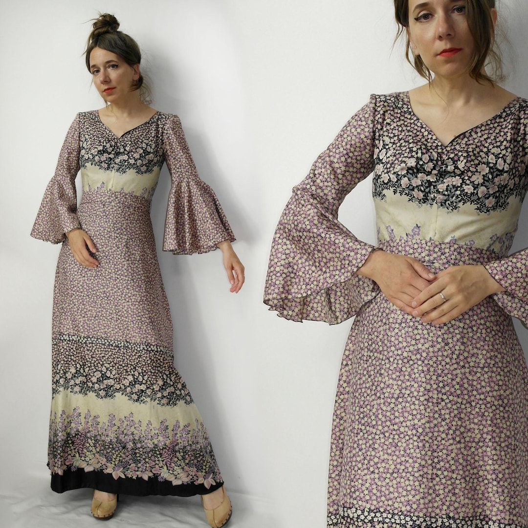 Vintage 70s Floral Maxi Dress - Bell Sleeves Boho Cottagecore Gown ...