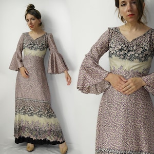 Vintage 70s Floral Maxi Dress - Bell Sleeves Boho Cottagecore Gown - NICLI MODE Long Mod Dress