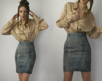 80s Blue Real Leather Skirt / Elegant leather skirt / Denim-like pencil skirt / Mini skirt / small leather skirt