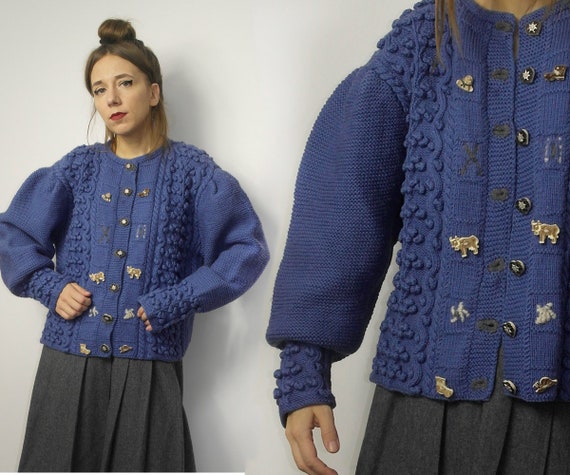 Vintage Austrian Trachten Handmade Wool Cardigan / Blue Bavarian