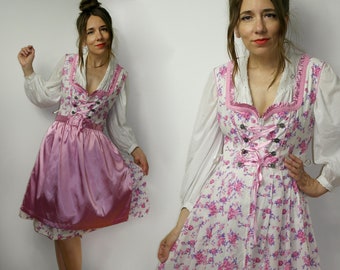 TRACHTEN DRESS with Apron / Dirndl Dress / Floral Apron Folk dress / Pink Austrian German dress / Alpen outfit /  Octoberfest dress