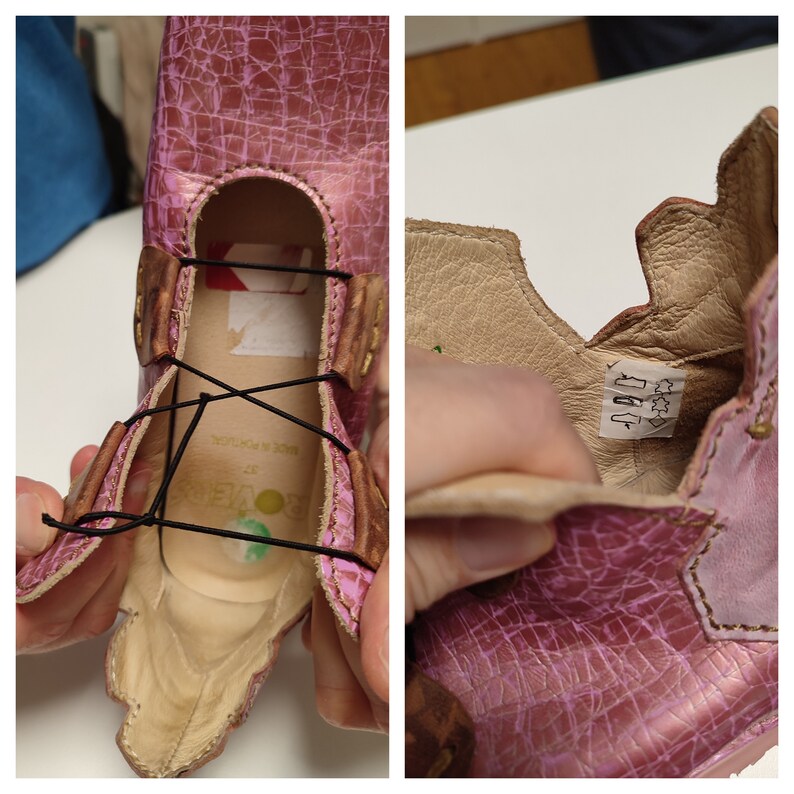May include: Pink leather children's shoes with black elastic laces and a white label inside that says "25" and "MADE IN POLAND".
