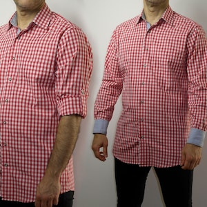 Vintage German trachten men shirt / Red Plaid Checkered top / Long sleeves button down shirt / Octoberfest shirt / Size S