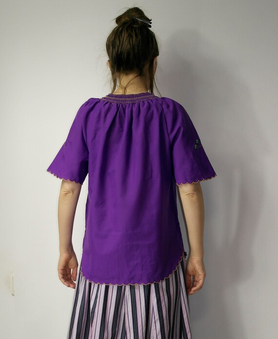 Vintage embroidered folk blouse / Peacock purple … - image 6