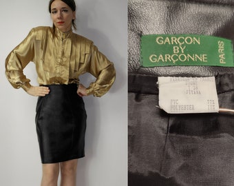 90s French Black FAUX Leather Skirt / Garcon by Garconne Black elegant PVC skirt / black pencil skirt /
