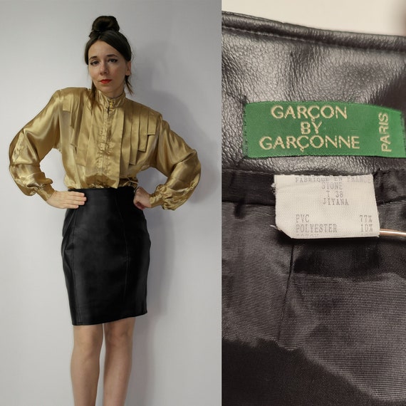 90s French Black FAUX Leather Skirt / Garcon by G… - image 1