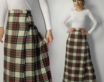 Vintage wollen geruite wikkelrok | Maxirok in kiltstijl | Geruite wollen lange rok | Winterrok in Schotse stijl | Vintage kleding uit de jaren 80 en 90