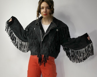 Vintage Fringe Leather Jacket / Real leather suede jacket rocker edgy western rodeo queen jacket