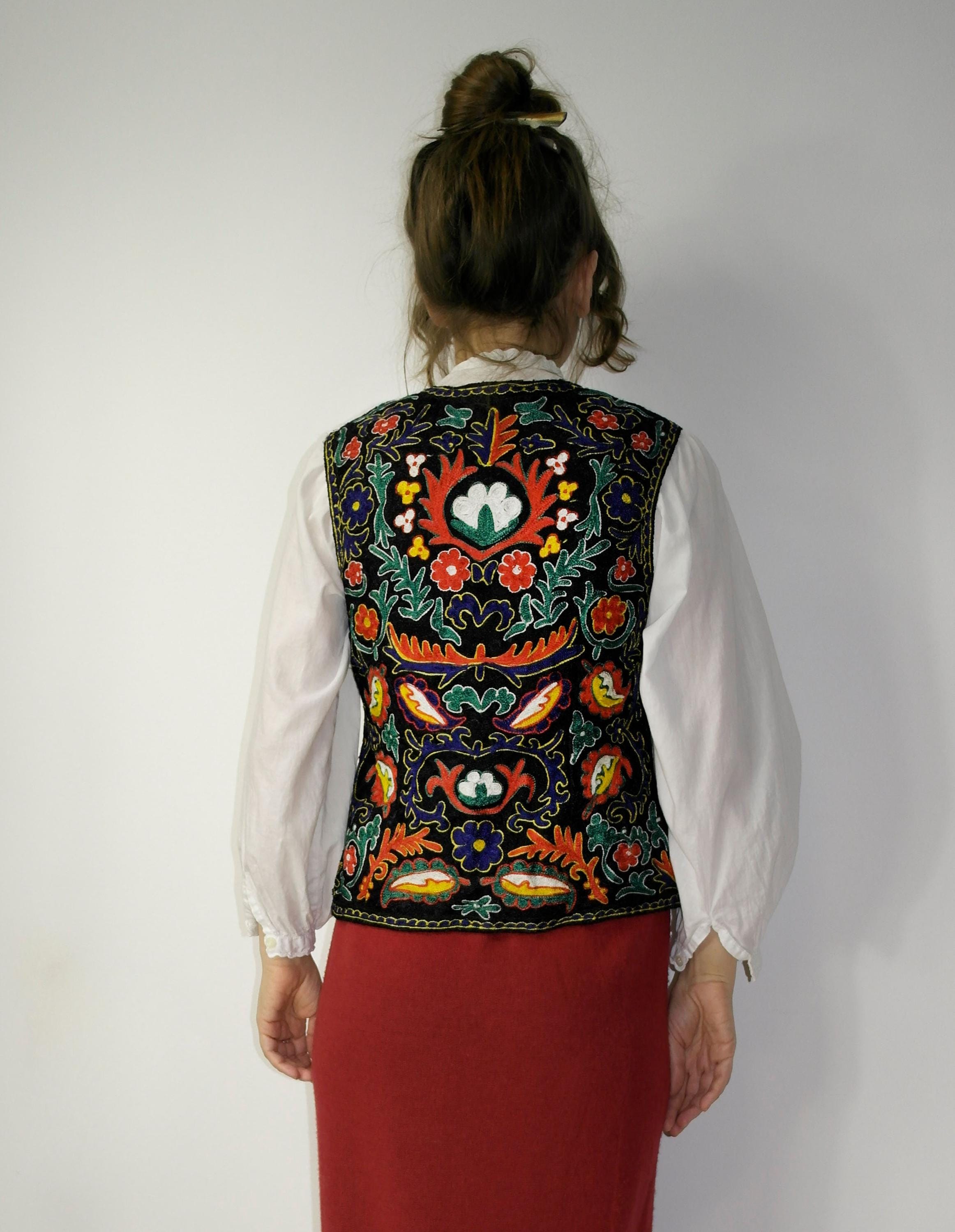 Vintage Central Asia Fully Embroidered Vest Waistcoat / Folk Black