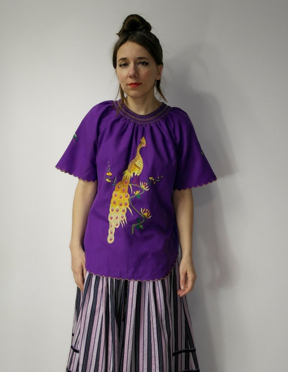 Vintage embroidered folk blouse / Peacock purple … - image 4