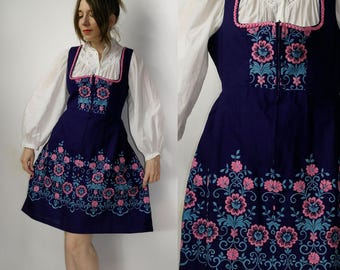 Trachten Dirndl Blumen Stickerei Kleid / Blaues besticktes Dirndl / Langes Folkloristisches Kleid / Oktoberfest Kleid