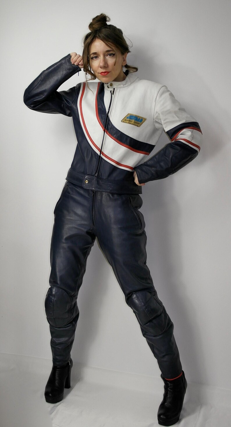 Kombinezon motocyklowy Vintage Leather Biker Racing 1 i 2 częściowy / SPEED MODE Prawdziwa kurtka motocyklowa / Włoskie spodnie motocyklowe zdjęcie 5
