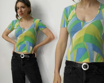 Vintage Versace Jeans Couture T-Shirt | Y2K Colorful Graphic Crop Top | Retro Designer Tee made in Italy | 90s/2000s High Fashion Streetwear