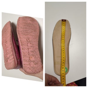 May include: Pink and purple sneakers with a pink sole and the word "Powers" printed on the sole. The insole is measured with a tape measure, showing a size of 28 cm.