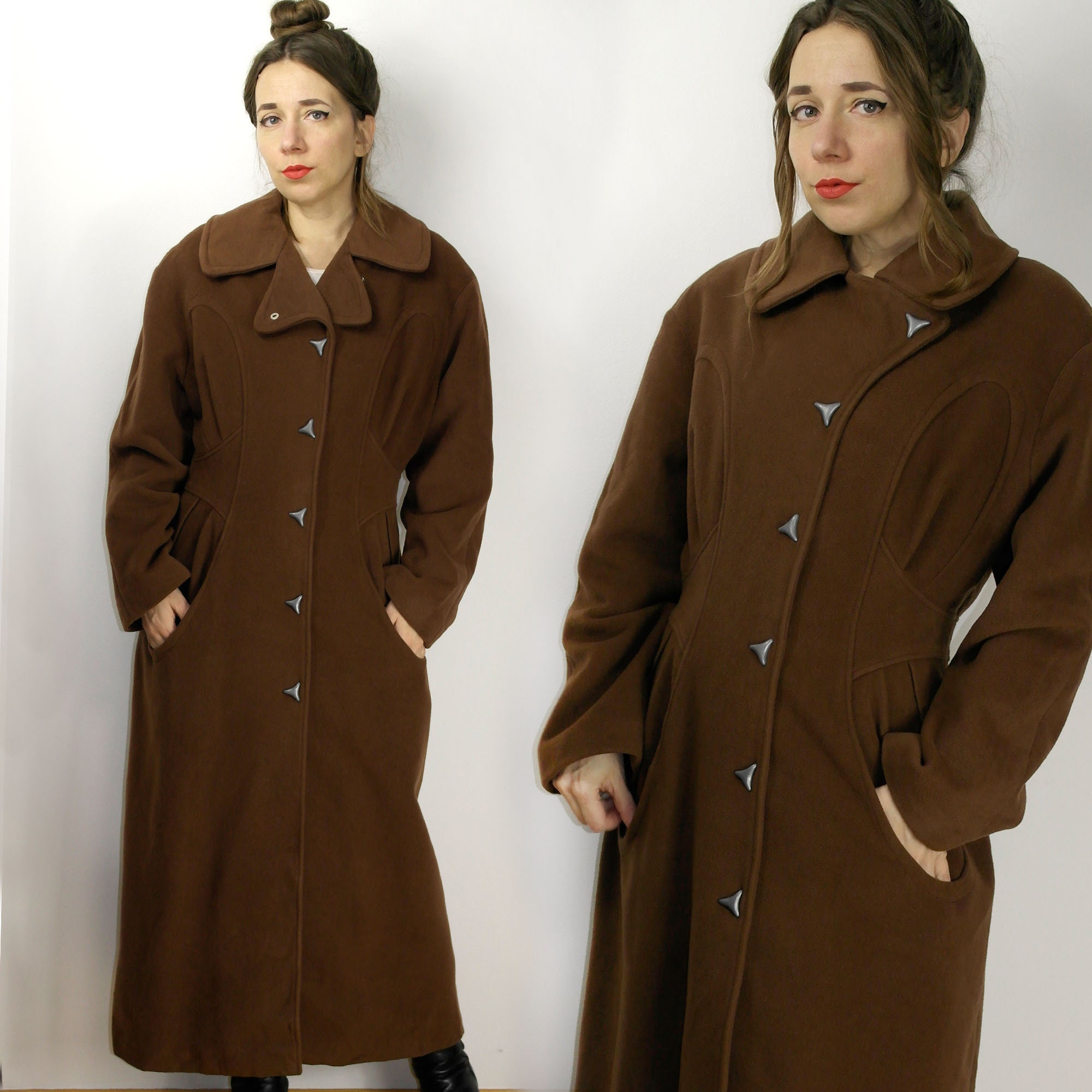 MUGLER PARIS ロングコート ブラウン Thierry Mugler Activ 90's Brown Wool Coat / French Designer Maxi
