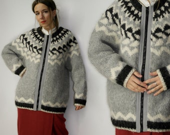 Vintage Icelandic handmade Wool sweater / Icelandic folk zip up cardigan / Lopapeysur Lopapeysa wool sweater / Traditional Ethno cardigan /