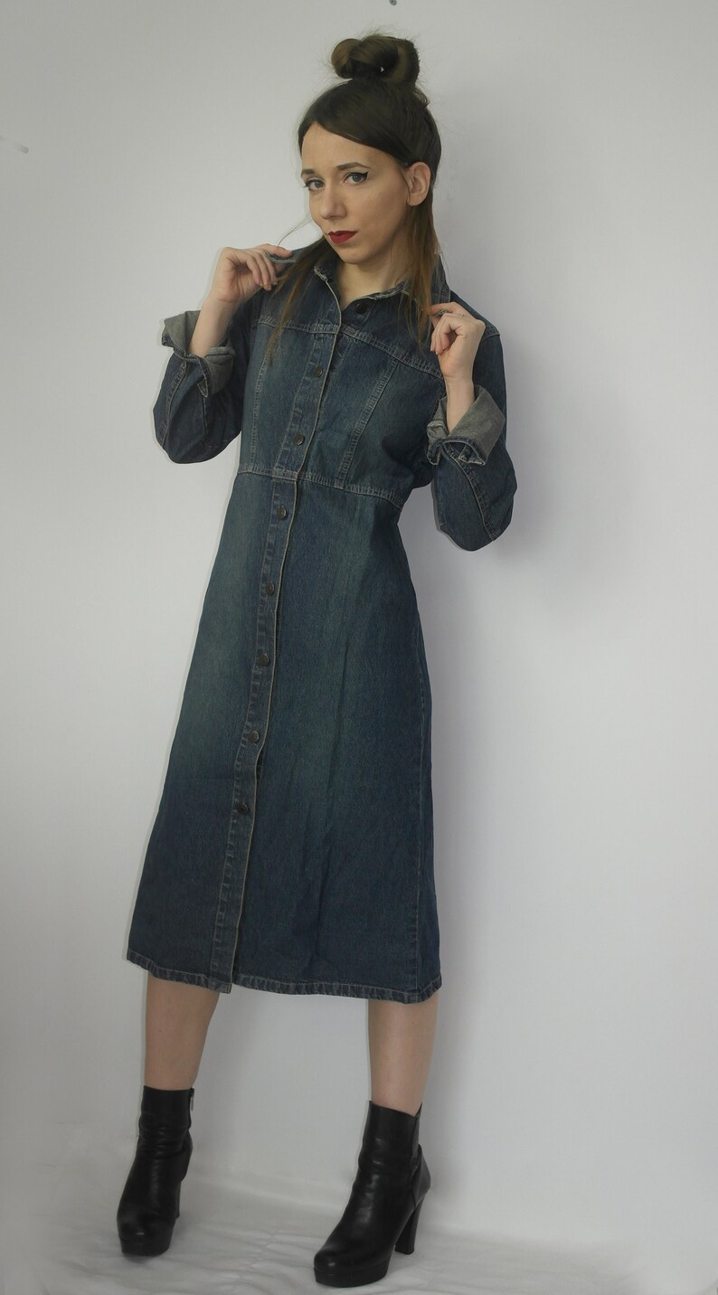 Vintage denim long jacket dress / 90s denim jacket dress / | Etsy